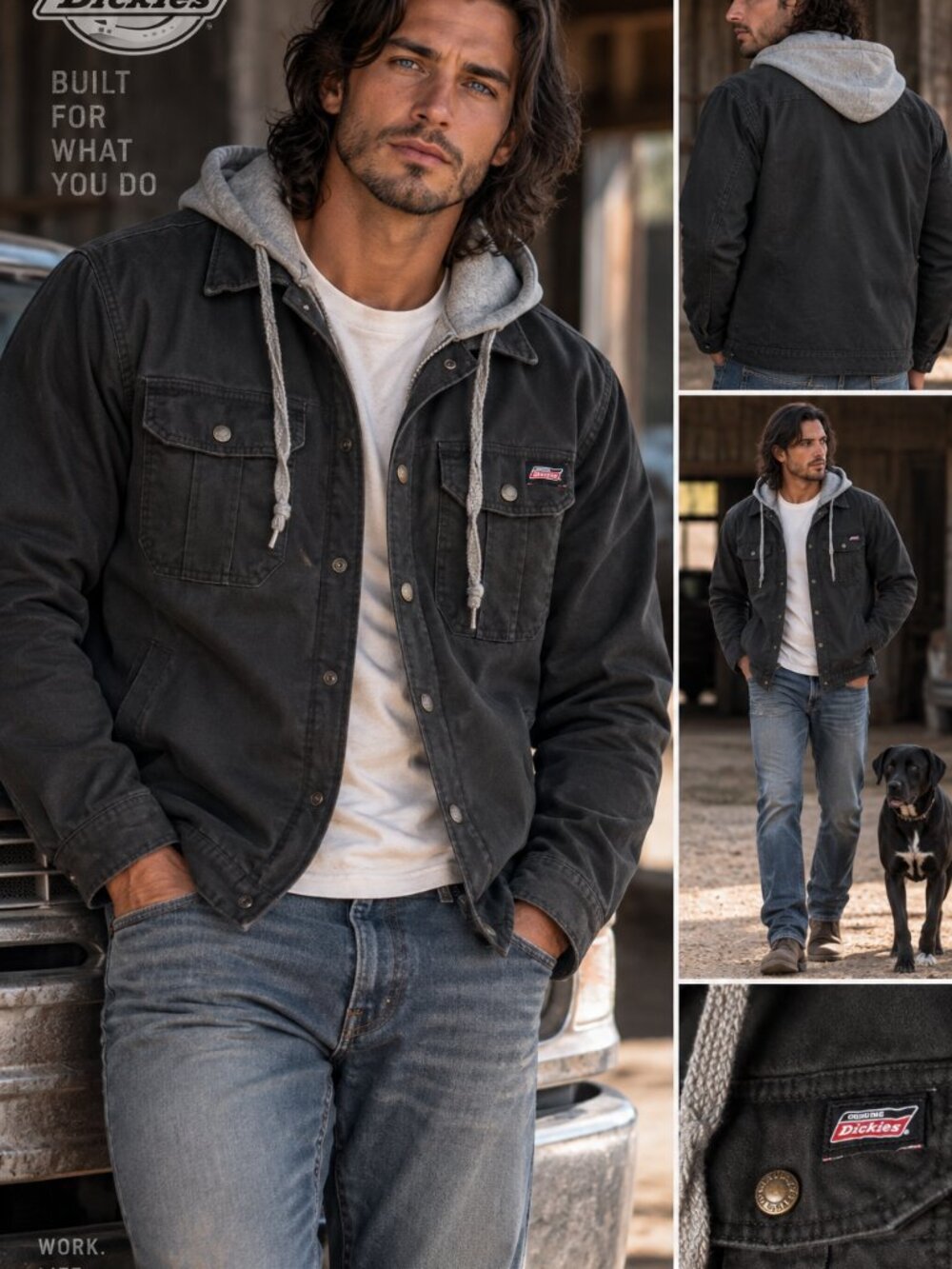 Genuine Dickies Men’s Black Hooded Canvas Work Jacket Quilted Lined Small 34-36